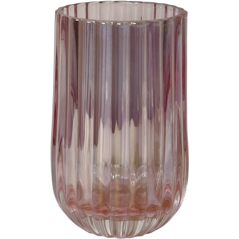 Decorative Mauve Pink Ribbed Heavy Glass Vase 3.94" x 3.94" x 6.89"